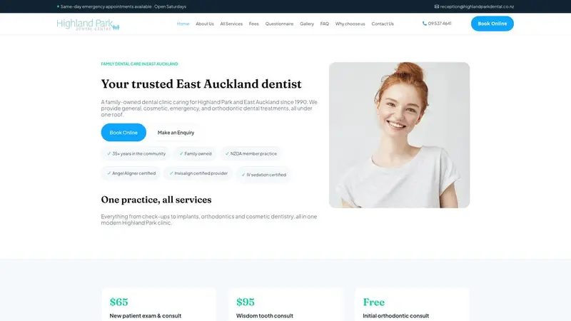 Homepage of highlandparkdental.co.nz