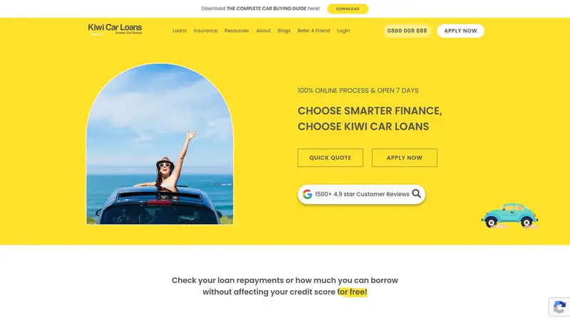 Homepage of kiwicarloans.co.nz