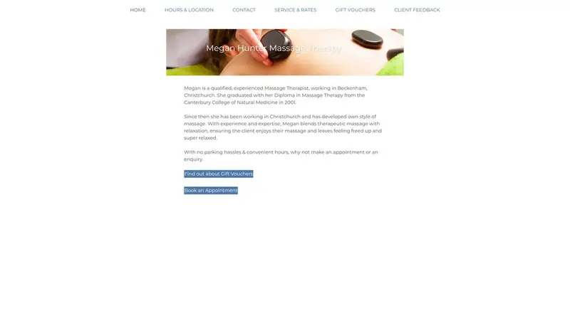 Homepage of meganhuntertherapeuticmassage.co.nz