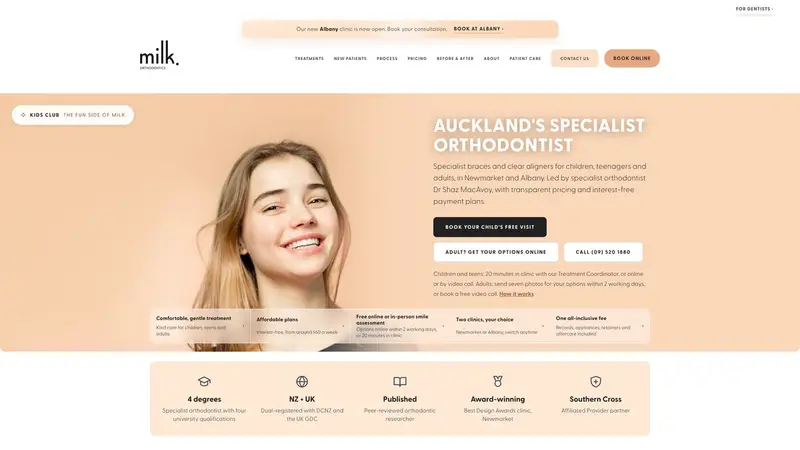 Homepage of milkorthodontics.co.nz