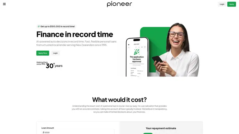 Homepage of pioneerfinance.co.nz