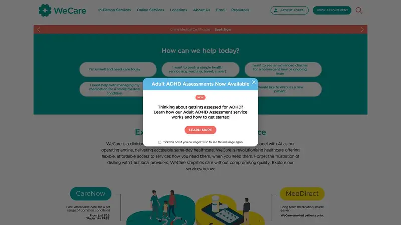 Homepage of wecarehealth.co.nz
