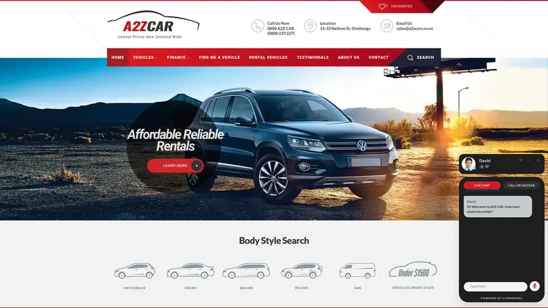 Homepage of a2zcars.co.nz