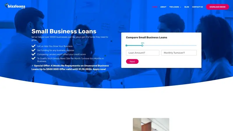 Homepage of bizzloans.co.nz