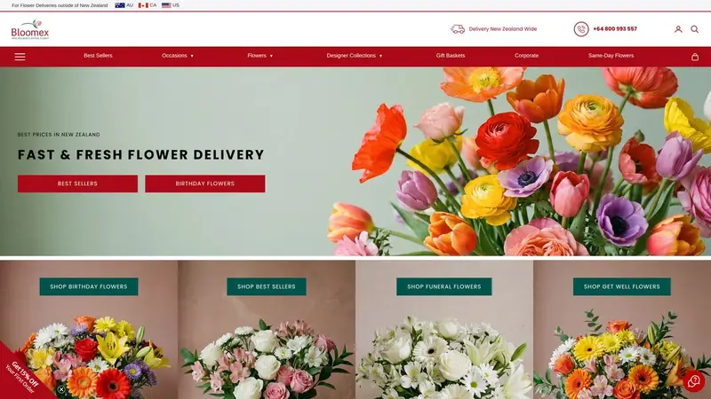 Homepage of bloomex.co.nz