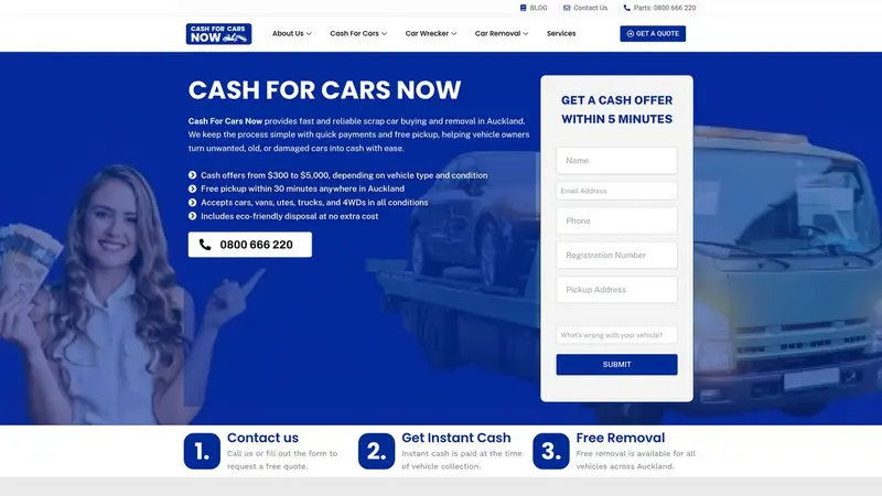 Homepage of cashforcarsnow.nz