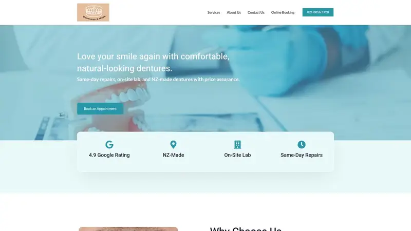 Homepage of denturesandmore.co.nz